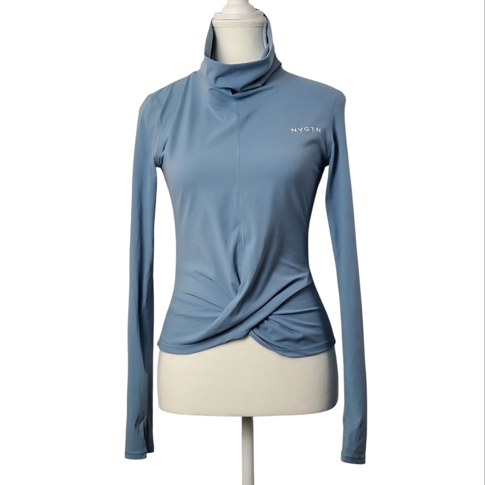 NVGTN Blue Cowl Neck Top Long Sleeve Twist Front Active Shirt Sz 6